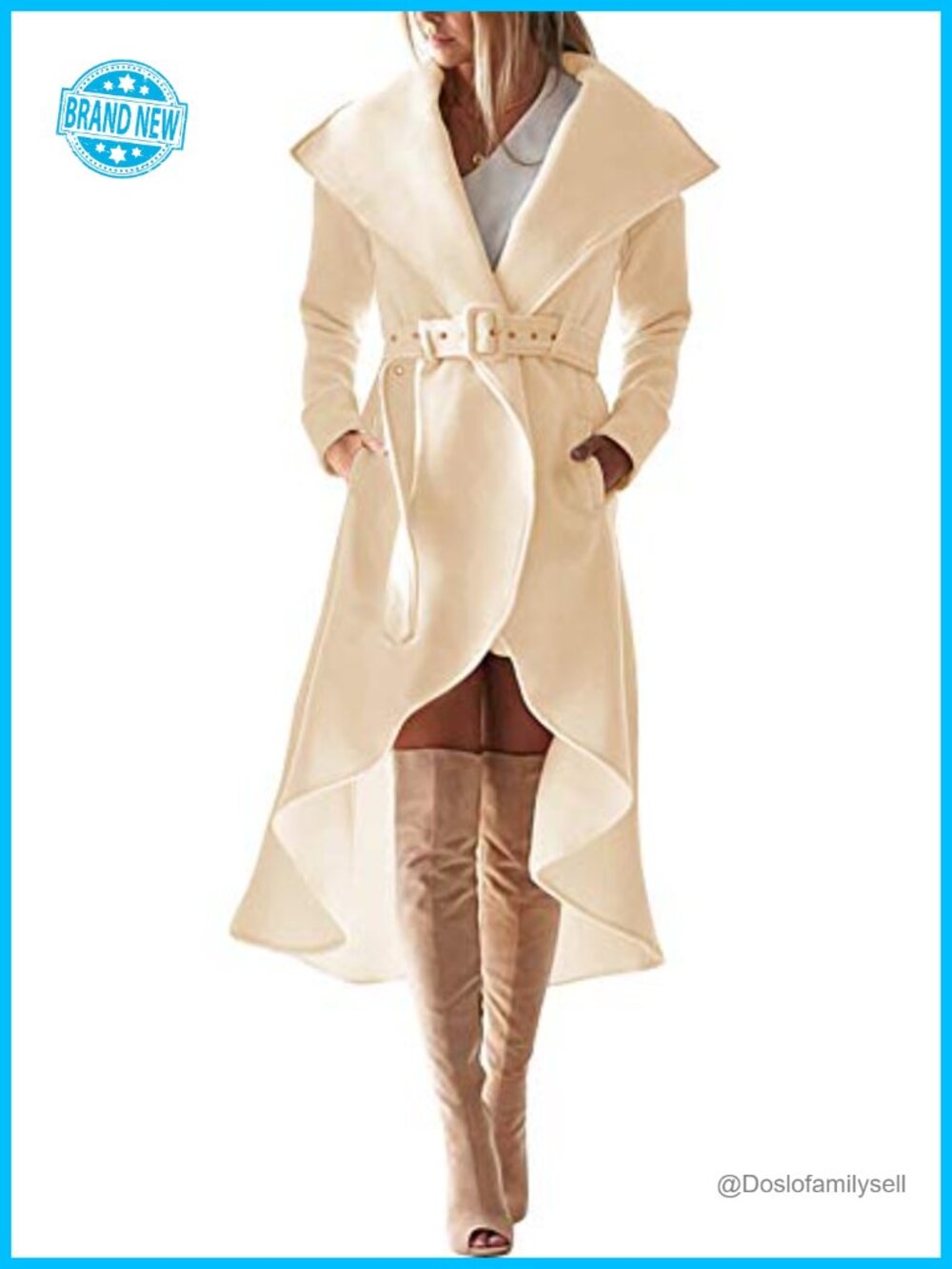 Wool Trench Coat Wrap Large Collar High Low Belted Women's Winter Jacket